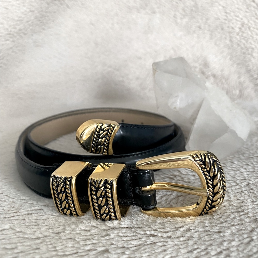 VINTAGE - GENUINE LEATHER - Black & gold bohemian or rustic style belt